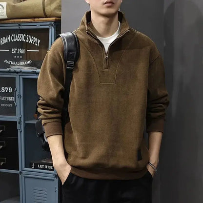 Men's Retro Long-Sleeve Half-Zip Stand Collar Sweater