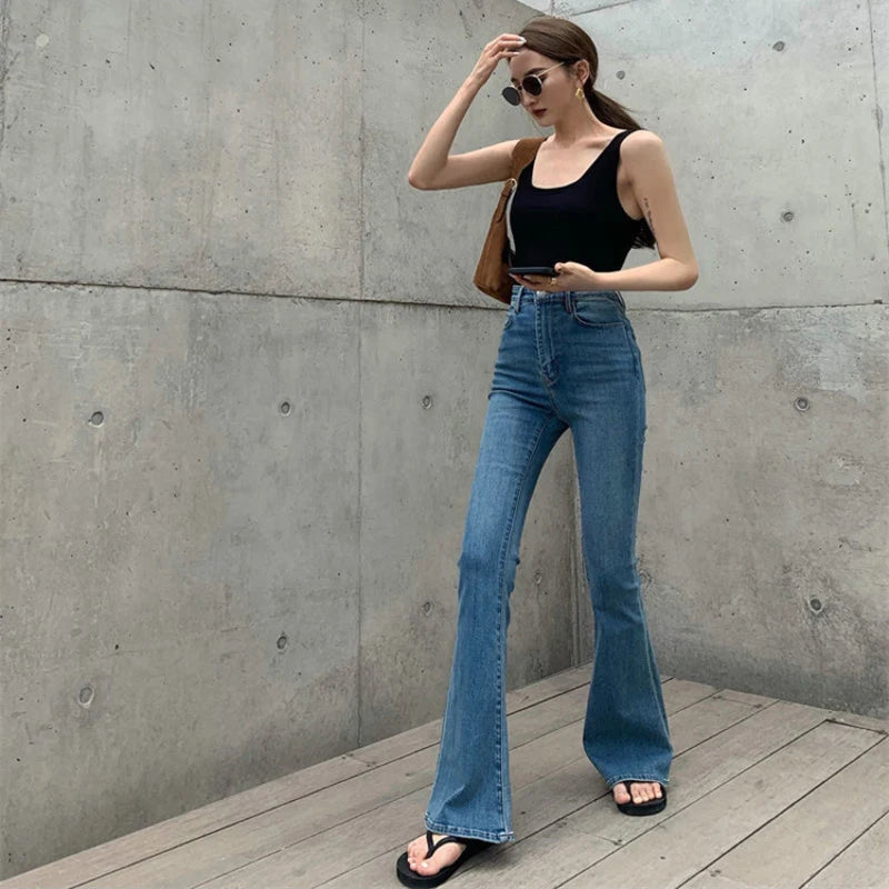 Women's High-Waisted Retro Micro Flared Jeans – Slim Fit with Wide Legs