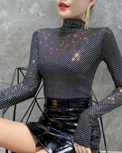Shiny Sequin Turtleneck Sweater for Women - Long Sleeve Slim Fit Sequin Top