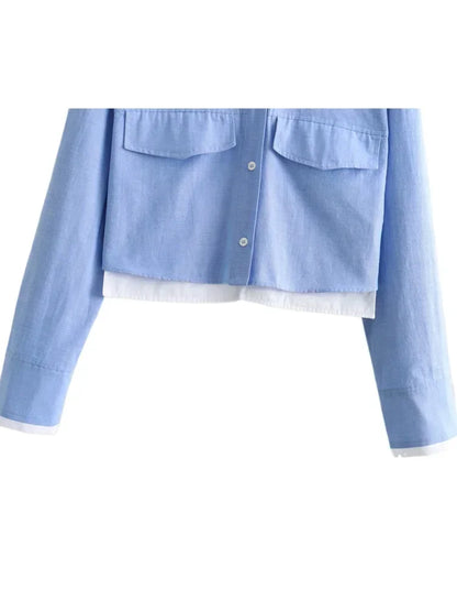 Women's Crop Blouse Shirt with Lapel, Long Sleeves, and Pocket
