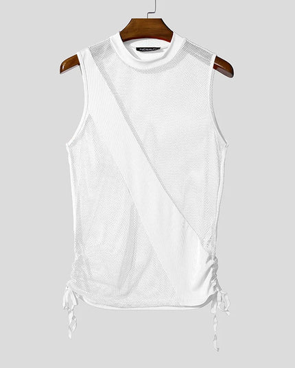 Incerun Men's Mesh Tank Top with Turtleneck and Side Lace Details