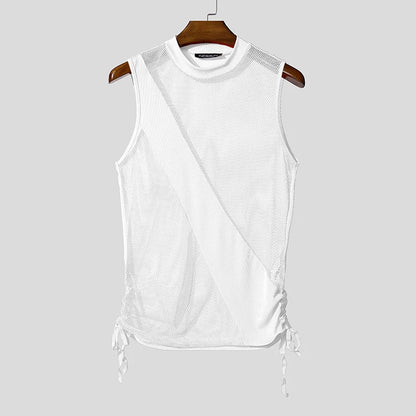 Incerun Men's Mesh Tank Top with Turtleneck and Side Lace Details