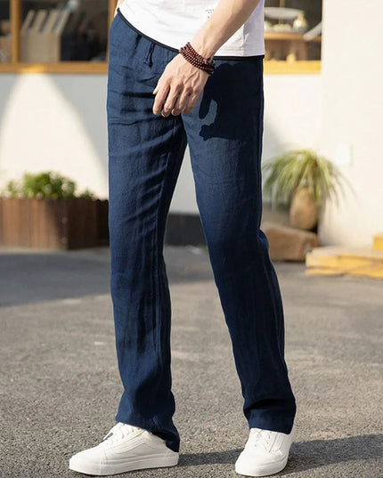 Men's Cotton Linen Pants - Straight Leg, Elastic Waist, Lightweight & Breathable Trousers