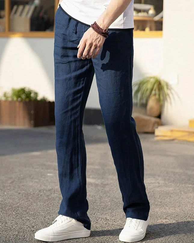 Men's Cotton Linen Pants - Straight Leg, Elastic Waist, Lightweight & Breathable Trousers