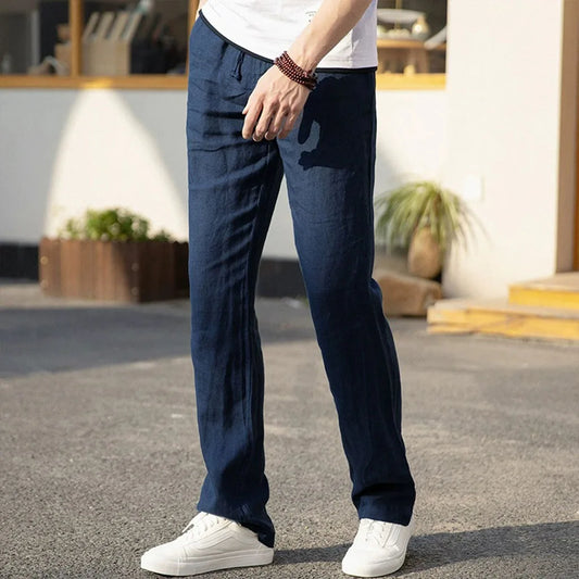 Men's Cotton Linen Pants - Straight Leg, Elastic Waist, Lightweight & Breathable Trousers