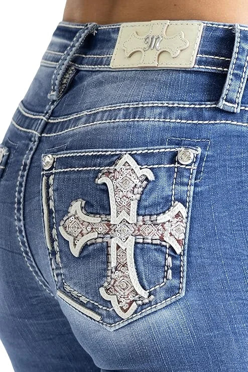 Women's Washed Loose Straight Denim Jeans with Cross Logo