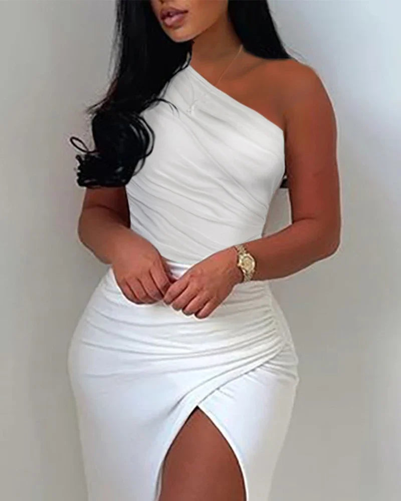 Women's Elegant White Asymmetric Dress with High Split and Ruched Design