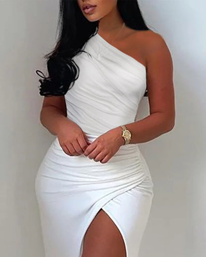 Women's Elegant White Asymmetric Dress with High Split and Ruched Design