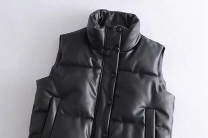 Women's PU Leather Stand Collar Vest Jacket with Zipper