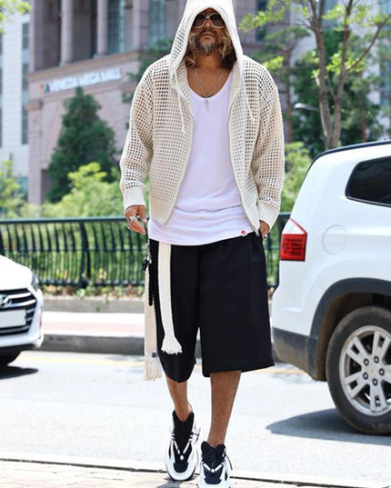 Men's Knitted Hooded Cardigan with Zipper, Hollow Out Design, Oversized Fit