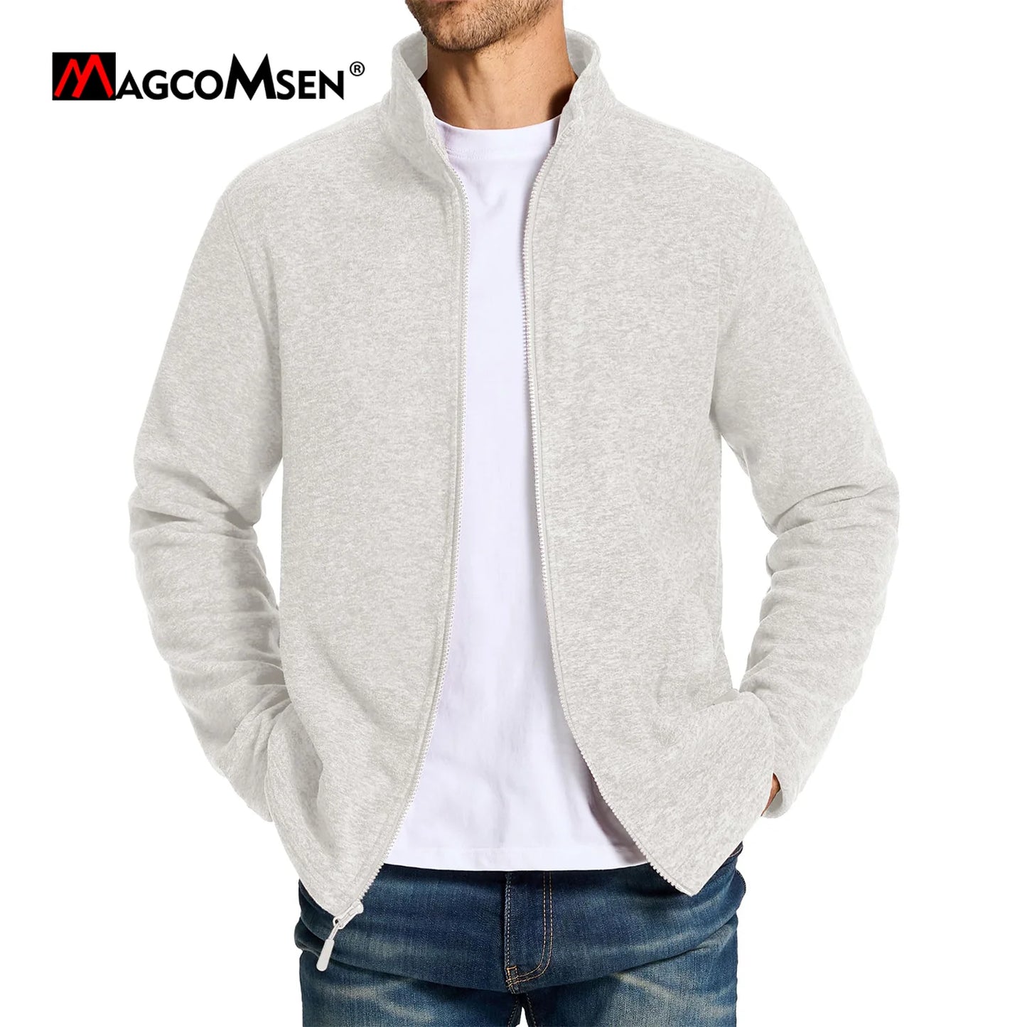 MAGCOMSEN Men's Lightweight Fleece Jacket with Full Zip and Stand Collar