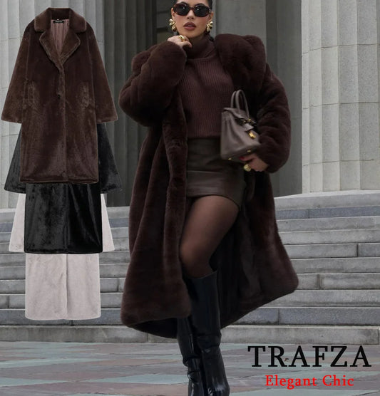 TRAFZA Women's Vintage Faux Fur Long Coat with Lapel and Button Closure