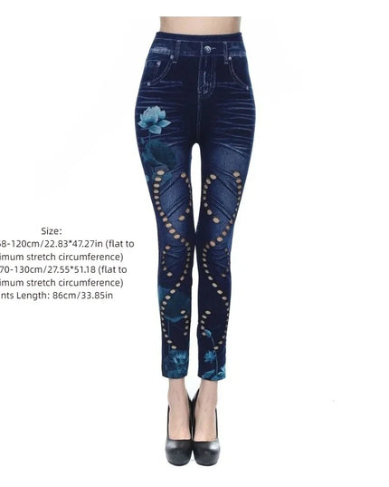 High-Waisted Women's Slim-Fit Faux Denim Pants with Heart and Flower Pattern