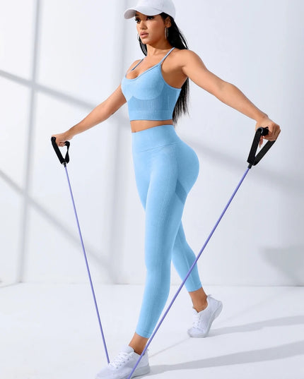 Women's Seamless Two-Piece Sports Bra and Leggings Set with Thin Shoulder Straps