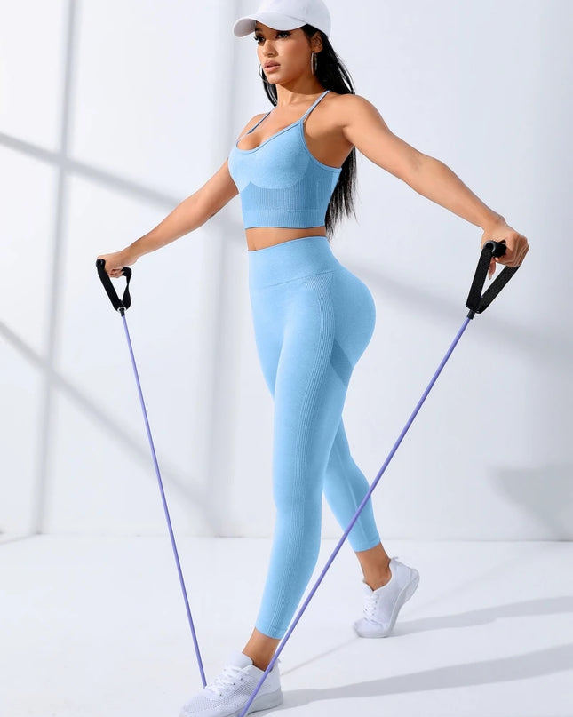 Women's Seamless Two-Piece Sports Bra and Leggings Set with Thin Shoulder Straps