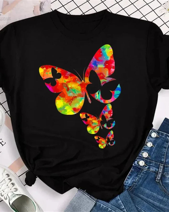 Women's Short Sleeve Round Neck T-Shirt with Colorful Butterfly Petal Print