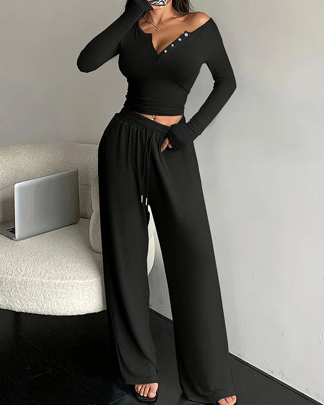 Women's Crop Top and Drawstring Pants Set - Two Piece Outfit