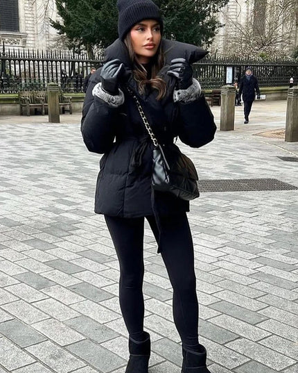Women's Cotton-Filled Coat with Lapel Tie and Waist Cinching