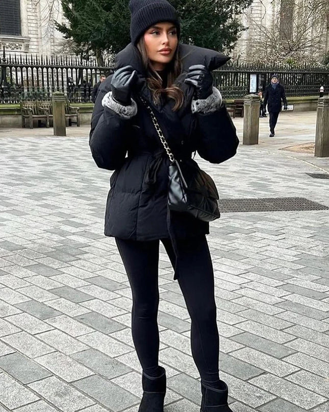 Women's Cotton-Filled Coat with Lapel Tie and Waist Cinching