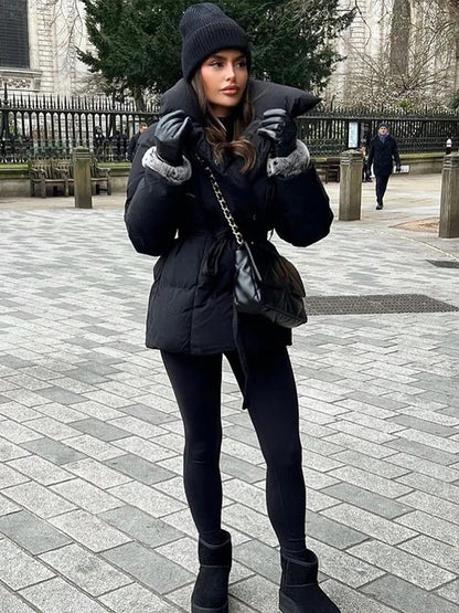 Women's Cotton-Filled Coat with Lapel Tie and Waist Cinching