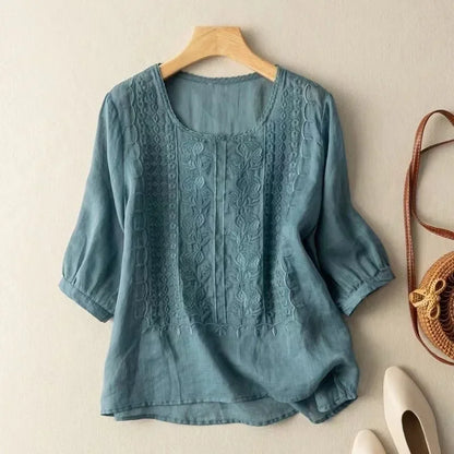Women's Retro O-Neck Embroidered Half Sleeve Loose Casual Ruched Cotton Blouse