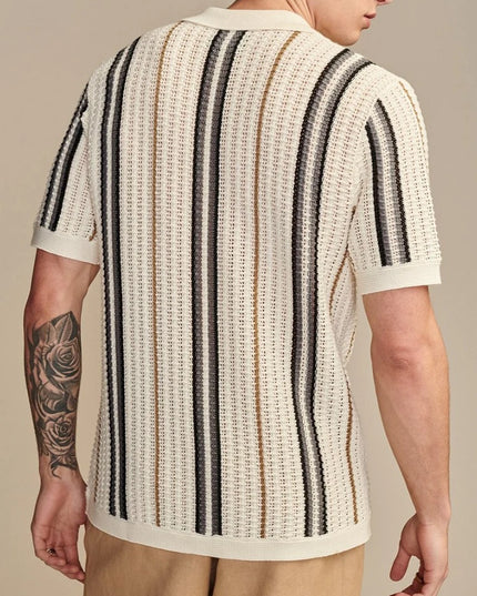 Men's Stylish Knitted Short Sleeve Striped Shirt with Lapel and Button Closure
