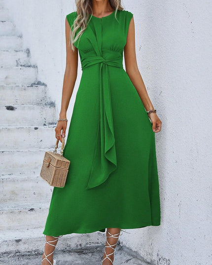 Women's Elegant Belted Midi Dress with Thin Front Straps