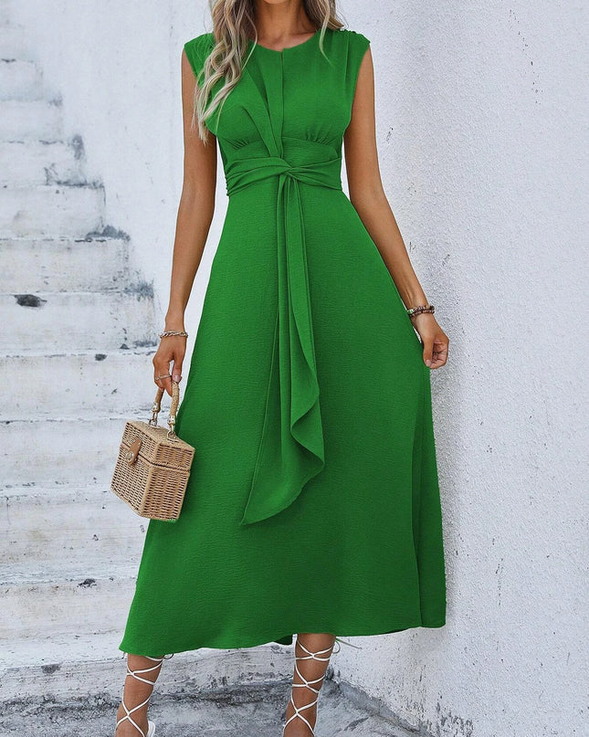Women's Elegant Belted Midi Dress with Thin Front Straps
