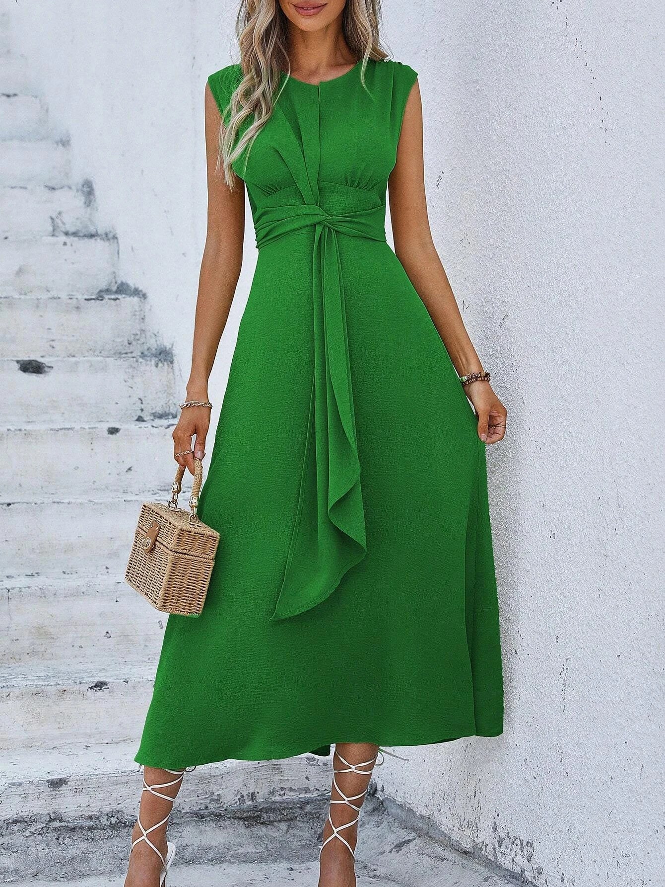 Women's Elegant Belted Midi Dress with Thin Front Straps