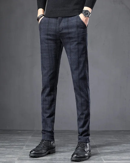 Men's Slim Fit Elastic Waist Brushed Plaid Pants