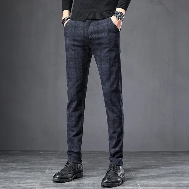 Men's Slim Fit Elastic Waist Brushed Plaid Pants