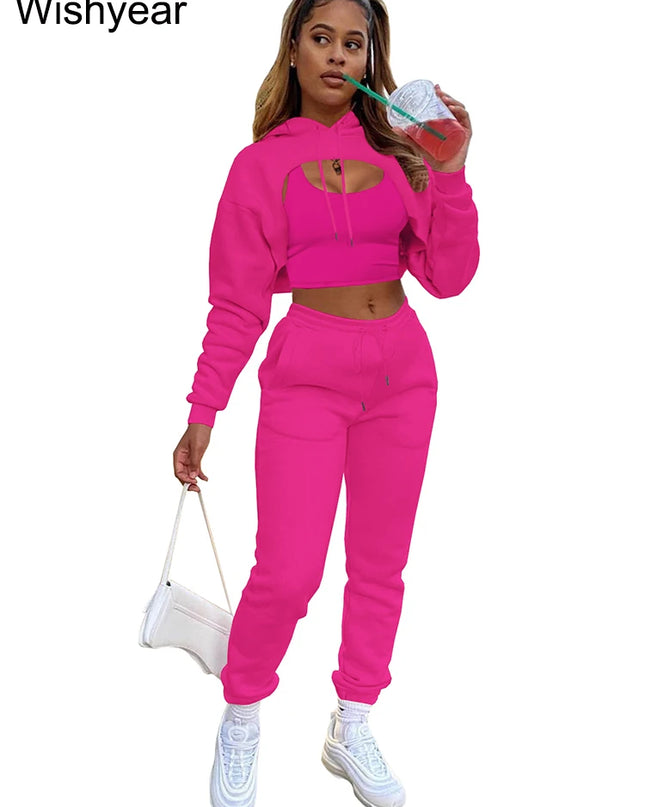 Wisyear Women's 3-Piece Velvet Tracksuit Set - Crop Hoodie, Vest, and Sweatpants Matching Outfit