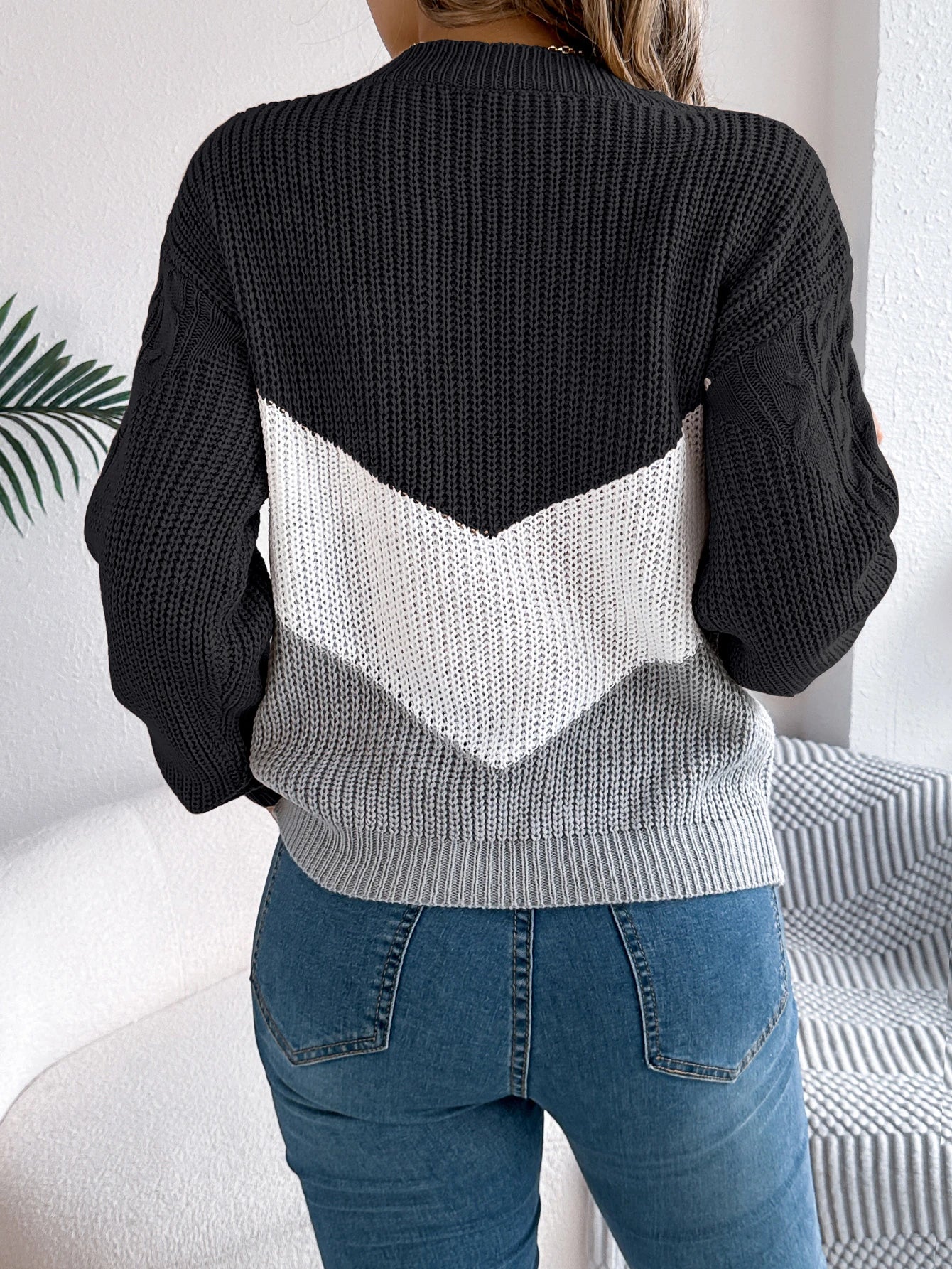 Multi-coloured Patchwork Long Sleeve Knitted Sweater for Women