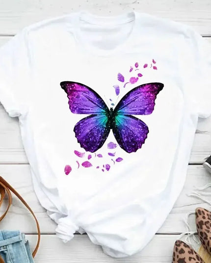 Women's Short Sleeve Round Neck T-Shirt with Colorful Butterfly Petal Print