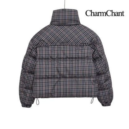 CharmChant Women's Stand-Collar Plaid Puffer Parka Jacket with Padding