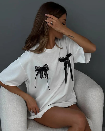 Women's Bow Print Loose T-Shirt - Stylish Casual Top for Women
