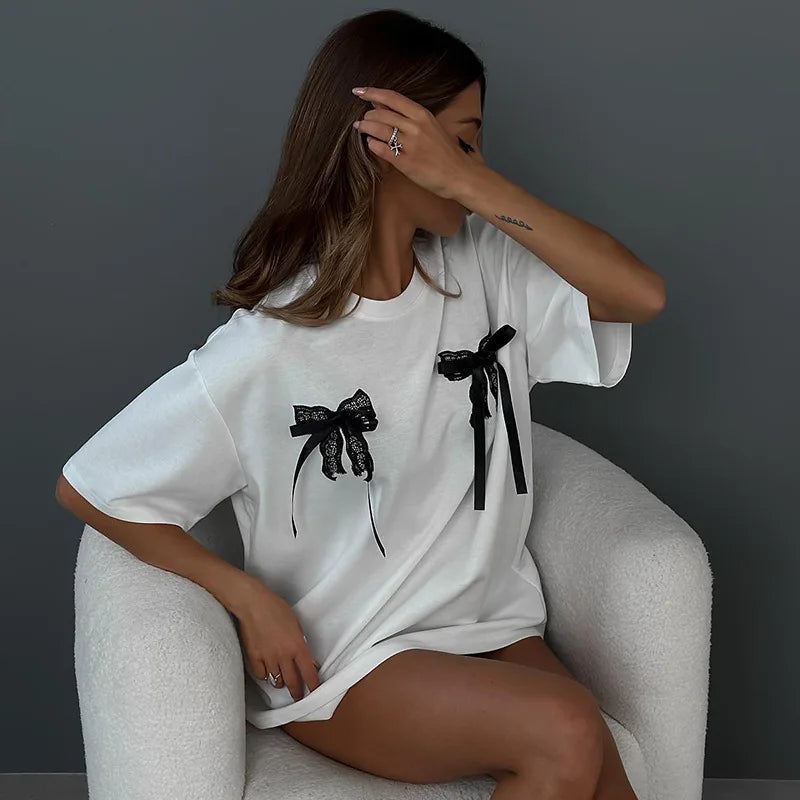 Women's Bow Print Loose T-Shirt - Stylish Casual Top for Women