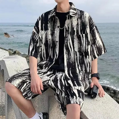 Men's Two-Piece Loose Fit Striped Shirt and Shorts Set