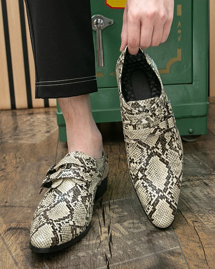 Men's Snake Print Double Buckle Pointed Toe Dress Shoes