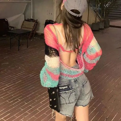 Women's Hollow-Out Knit Cropped Sweater with Backless Design