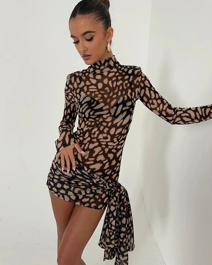 Women’s Sheer Leopard Print Turtleneck Mini Dress with Long Sleeves