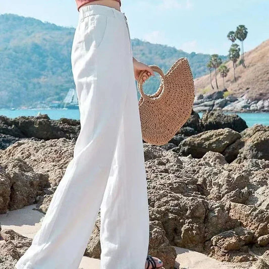 Elegant Women's High Waist Thin Cotton Linen Wide Leg Pants