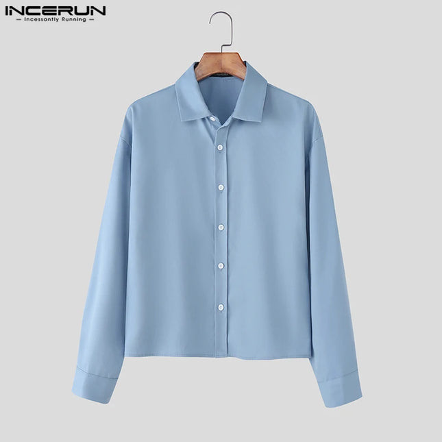 Incerun Men's Long Sleeve Lapel Shirt with Button Closure