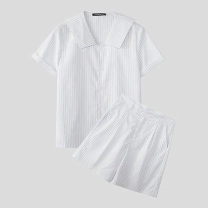 Incerun Men's Two-Piece Striped Short Sleeve Shirt and Shorts Set