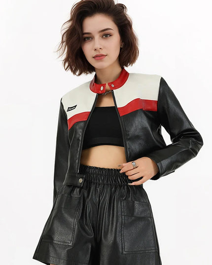 Women's Faux PU Leather Motorcycle Jacket with Zipper