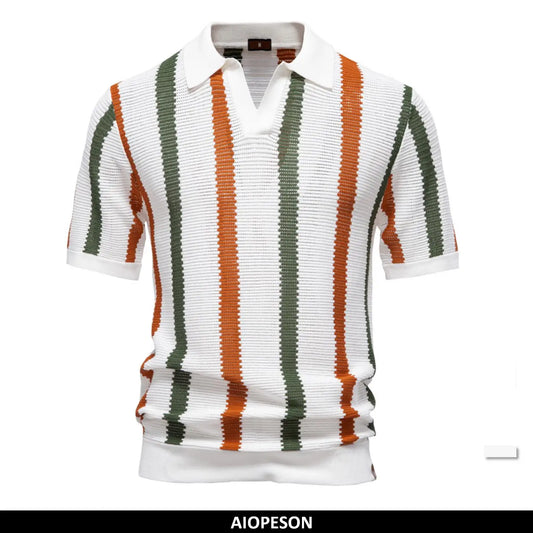 Men's Ribbed Knit Polo Shirt – Stylish Striped Casual Wear for Men