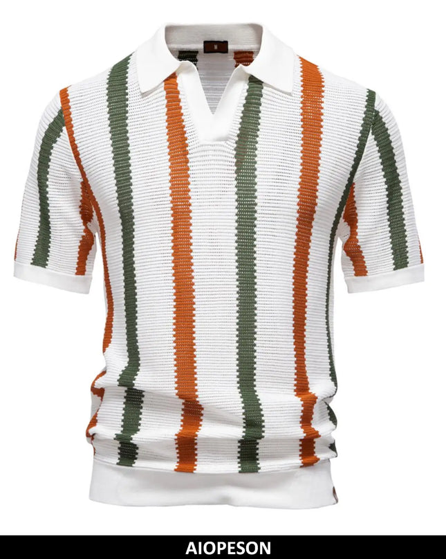Men's Ribbed Knit Polo Shirt – Stylish Striped Casual Wear for Men