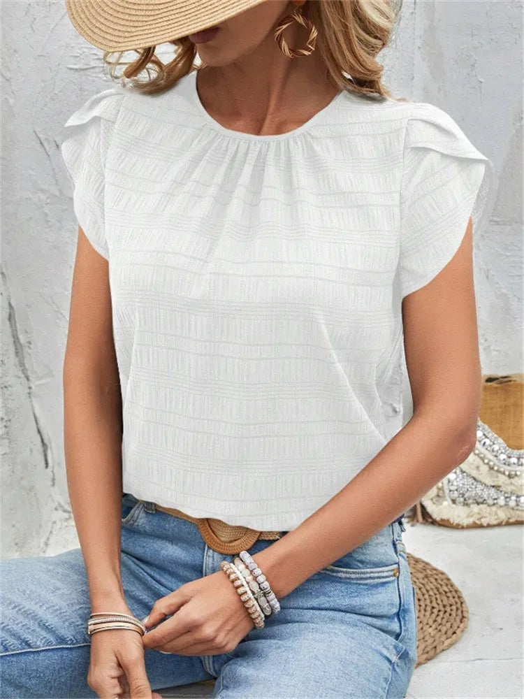 Women's Short Sleeve Loose Fit Round Neck Petal Sleeve Blouse