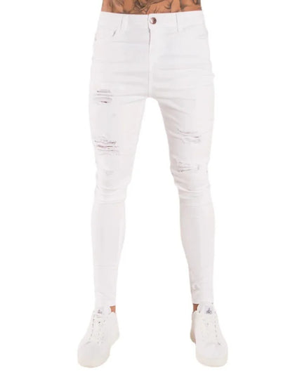 Men's Skinny Slim Fit Ripped Denim Jeans with Stretch, Hole & Patchwork Design
