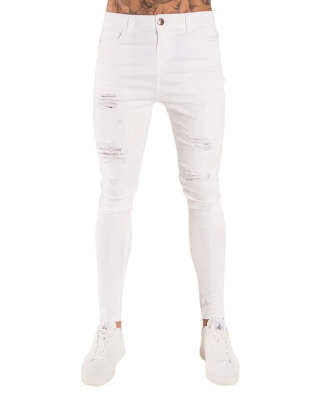 Men's Skinny Slim Fit Ripped Denim Jeans with Stretch, Hole & Patchwork Design
